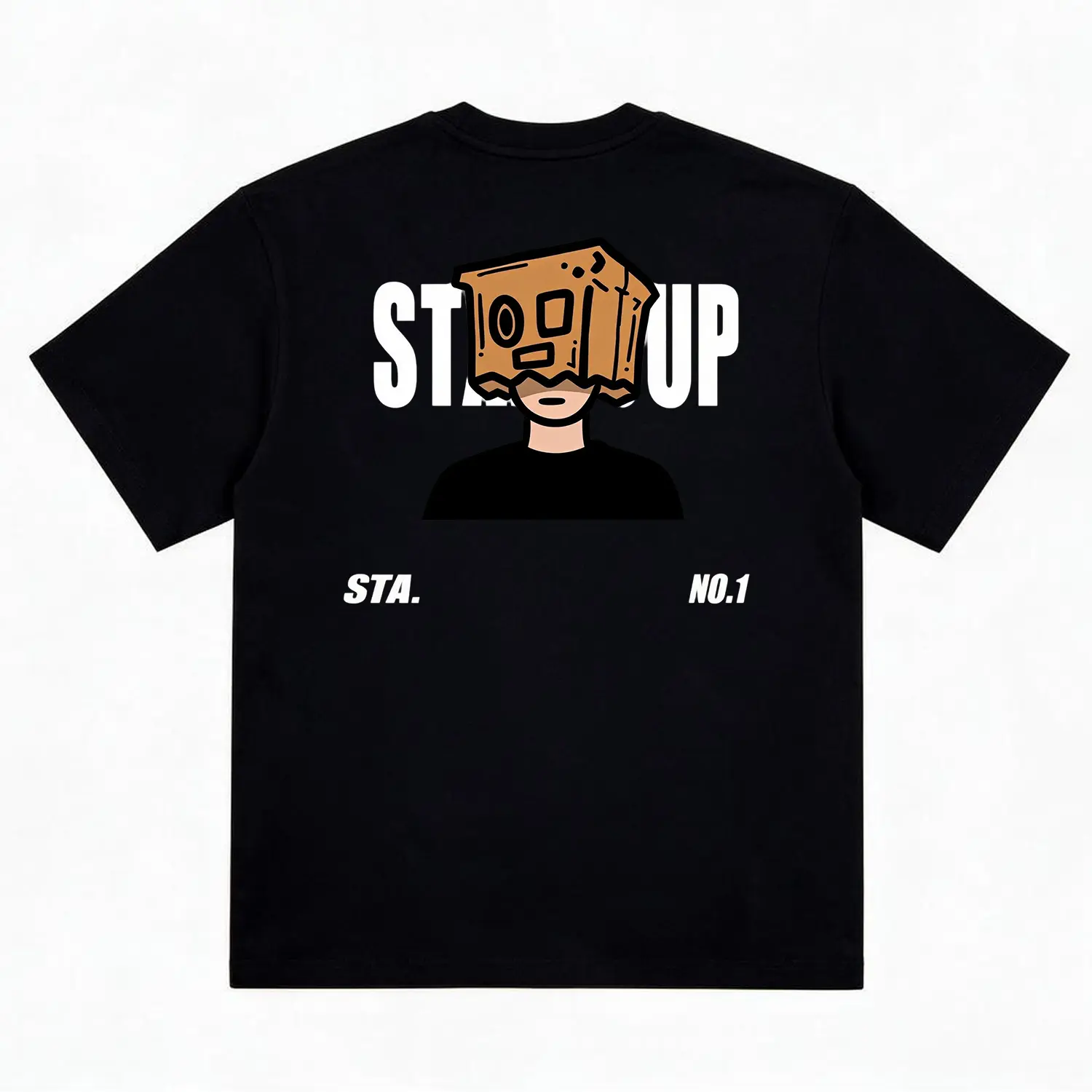 Cartoon Paper Bag Head Back Print Graphic T-Shirt Men Soft Cotton Crew Neck Short Sleeve Streetwear STA Group Letter Casual Hip Hop Tee