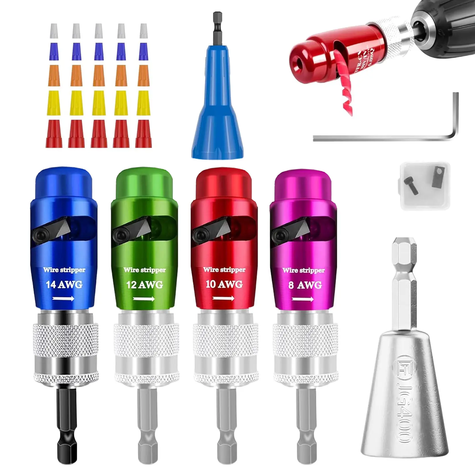 Garvee 7-Piece Color-Coded AWG Wire Stripper & Drill Bit Set – US Standard Electrical Tool Kit with Sharp Tungsten Steel Blades, Durable Zinc Alloy Connectors, Hard-Shell Carry Case – Professional Wire Preparation for Electricians
