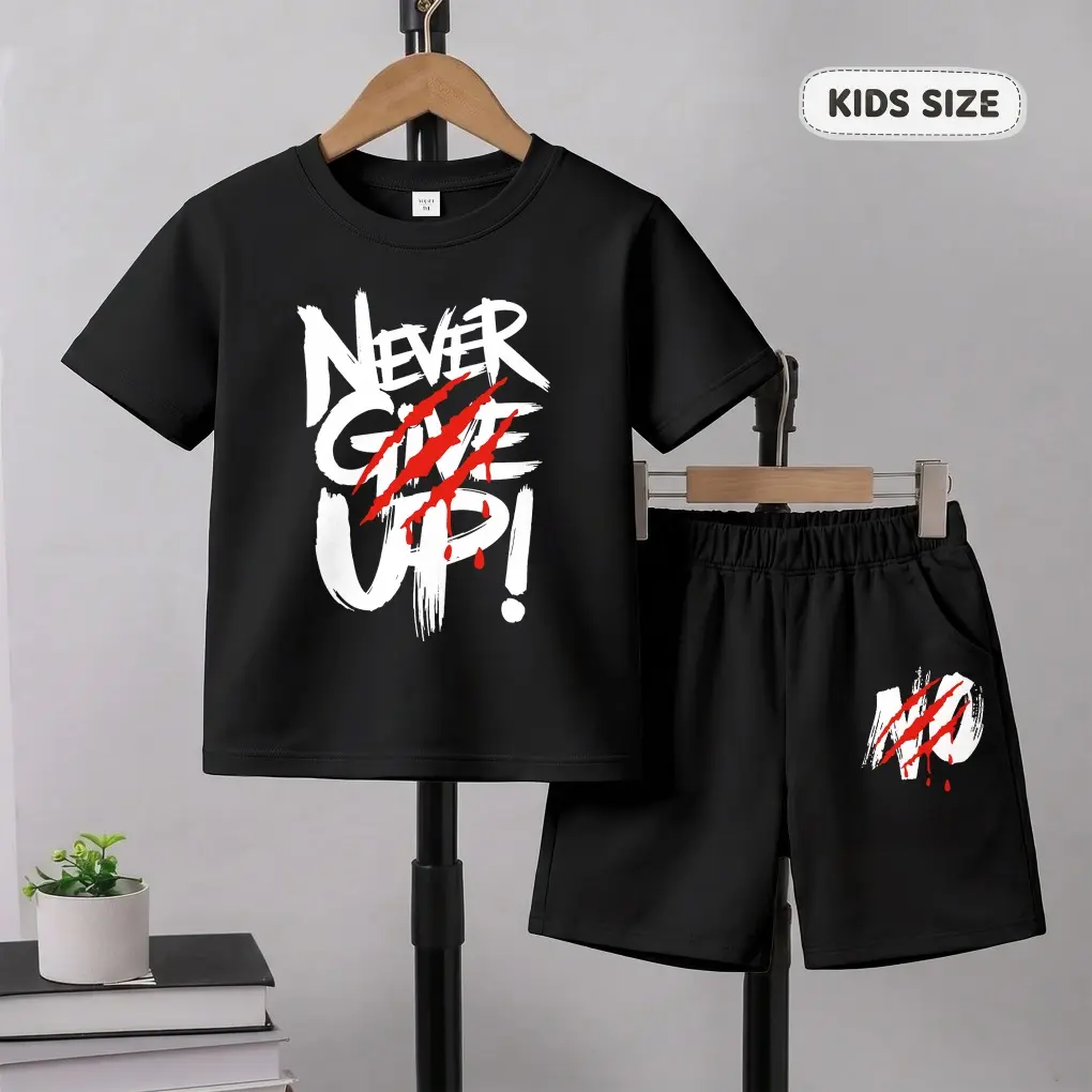 Boys’ Never Give Up Printed Design Short Sleeve T-Shirt And Shorts Set, Casual Kids Summer Outfit, Comfortable Crew Neck Clothing Set For Daily Wear And Outdoor Play