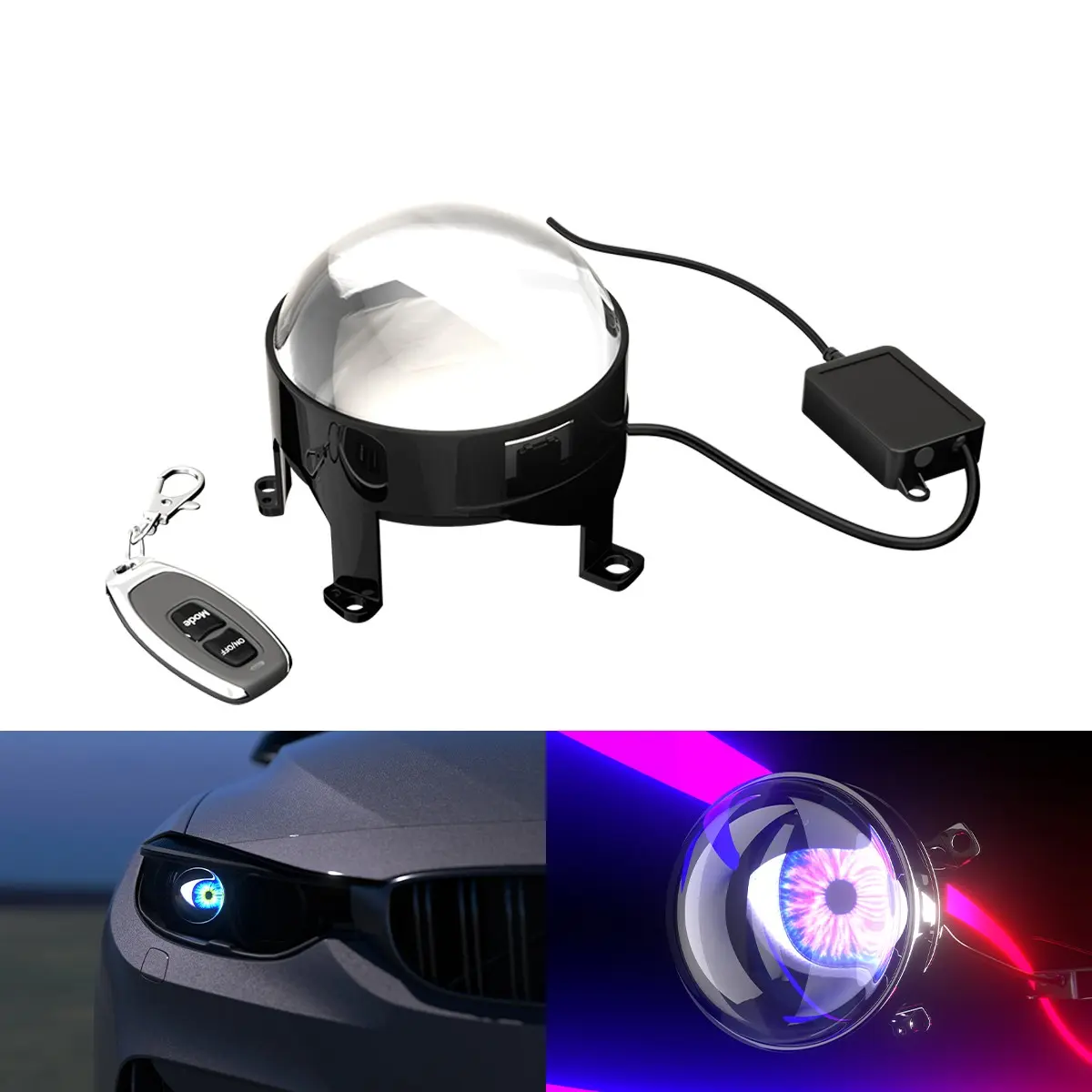 Demon Eye Headlight Dynamic Lens Light, Automotive Car Front LED Fog Light, 2.5 Inch, Multiple Animation Effects, Remote Control, Suitable for Cars Suvs