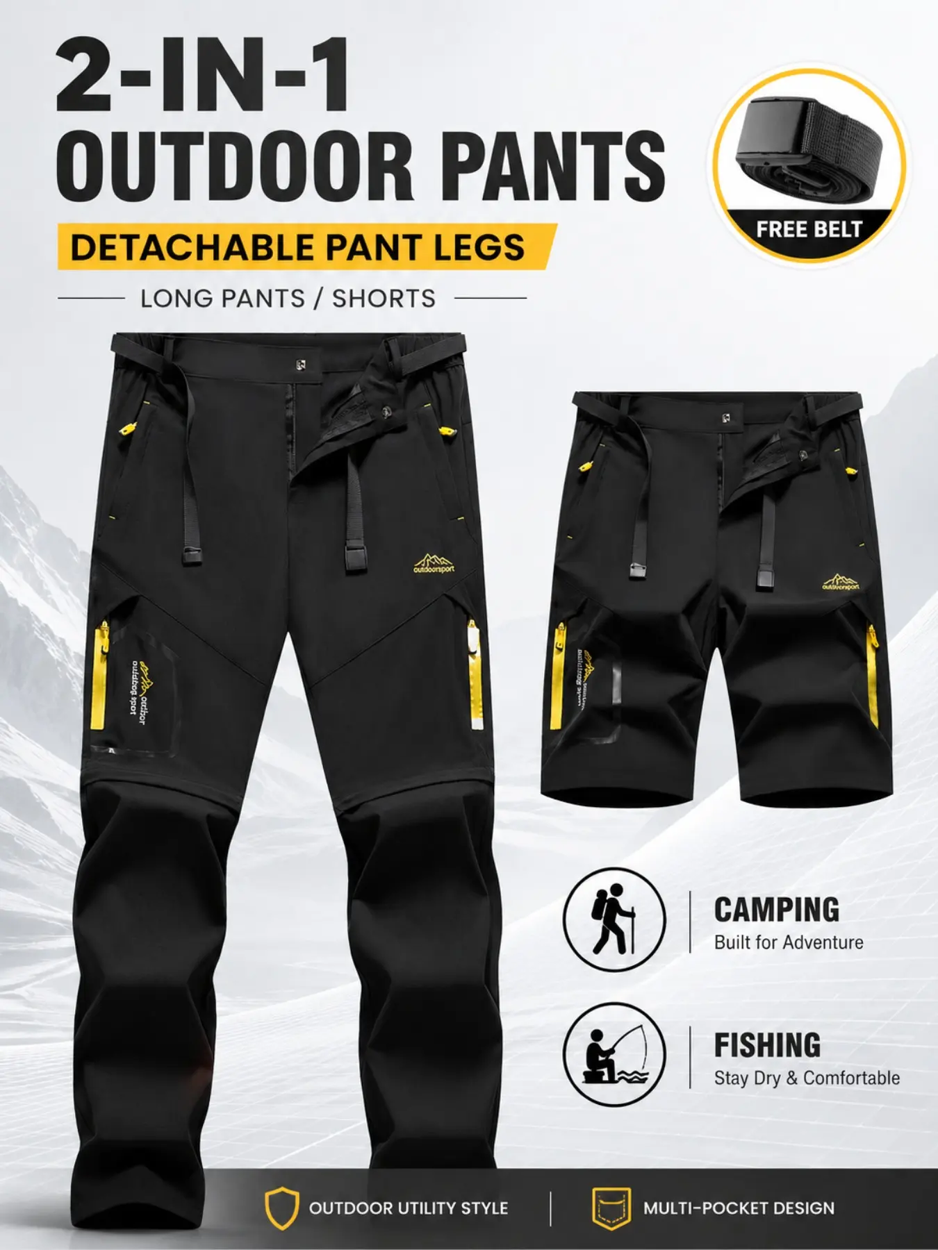 Men's Detachable Two-Piece Quick-Dry Outdoor Work Pants, Summer Thin, Anti-Stain Durable, Multiple Pockets, Adjustable Waistband, Hiking Climbing