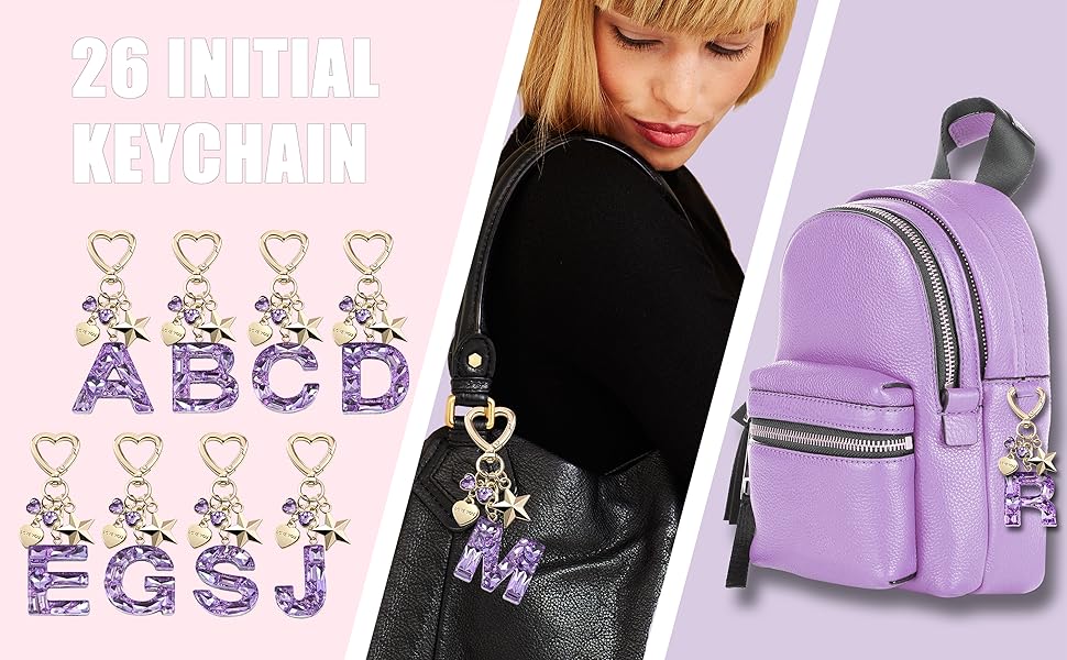 Cute shiny keychain with initials, butterfly, and star in pink and purple, suitable for women and girls, can be used to decorate bags, cups, etc., simple gift, holiday gift, special gift