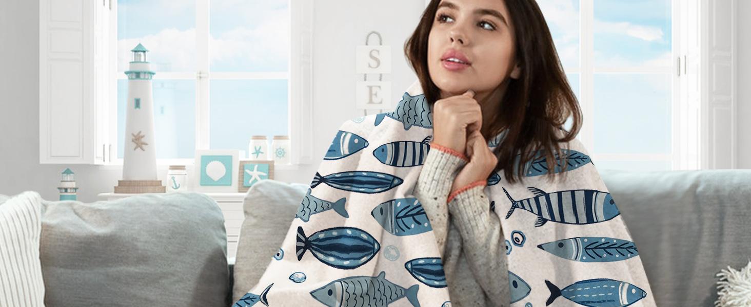 Coastal Blue Fish Theme Flannel Throw Blanket, Sea Ocean Birthday Gifts for Adults Kids Men Women, Beach Nautical Soft Blankets for Bedding Sofa 50" x 60"
