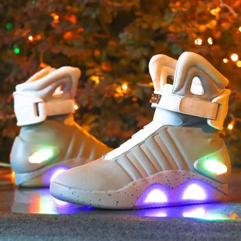 Stylish White USB-Rechargeable Glow-in-the-Dark High-Top Sneakers with Neon Lights & Stripes for Street Dancing & Nighttime Exercise back  to  the  future  shoes