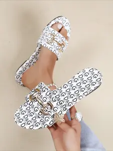 Fabric slide sandals with allover letter print, black non-slip flat sole, versatile for spring-summer daily and vacation.