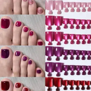 Four Color 96 Pcs Cat Eye Short Square Toe Nails, Glossy Magnetic False Toes, Reusable Press-On Foot Nails, Summer Party Holiday Set
