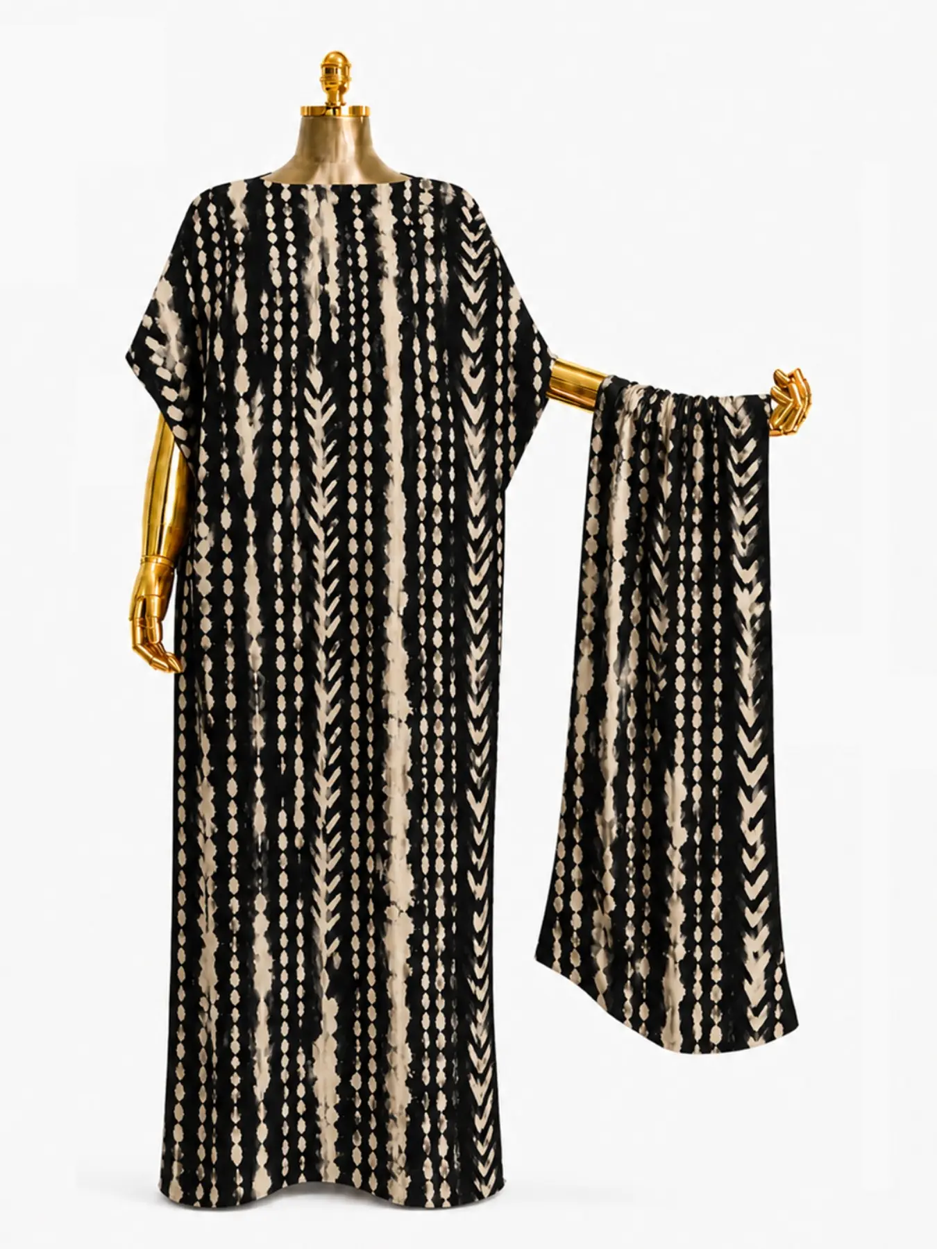 2 PCS Women’s Kaftan Dress and Headscarf Set, Black Cream Abstract Tribal Tie Dye Print Maxi Kaftan Robe, Loose Fit Modest Lounge Dress, No-Trim Beach Cover Up, Resort Wear, Party Dress, Eid Ramadan Outfit