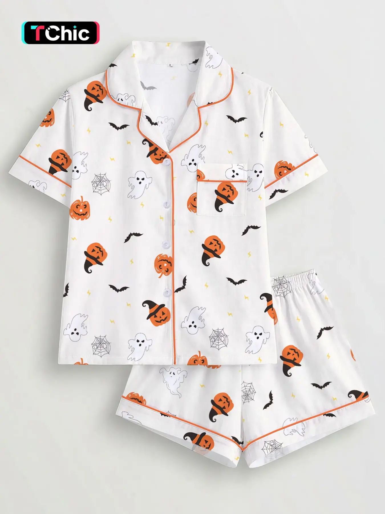 [Halloween]Women's Halloween Pajama Set, Cute Ghost Cat Pumpkin Print, Short Sleeve Lapel Shirt & Elastic Shorts, Casual All-Season Sleepwear Loungewear