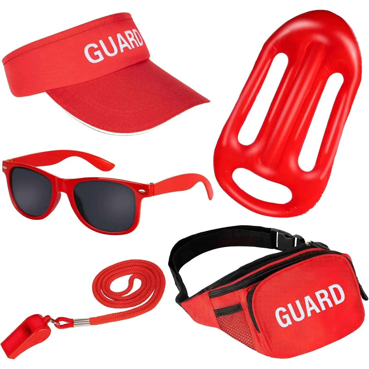 5 PCS Lifeguard Costume Set with Hat, Inflatable Float, Sunglasses, Fanny Pack, Whistle with Lanyard, Beach Party Dress Up for Adults & Kids(Gift)