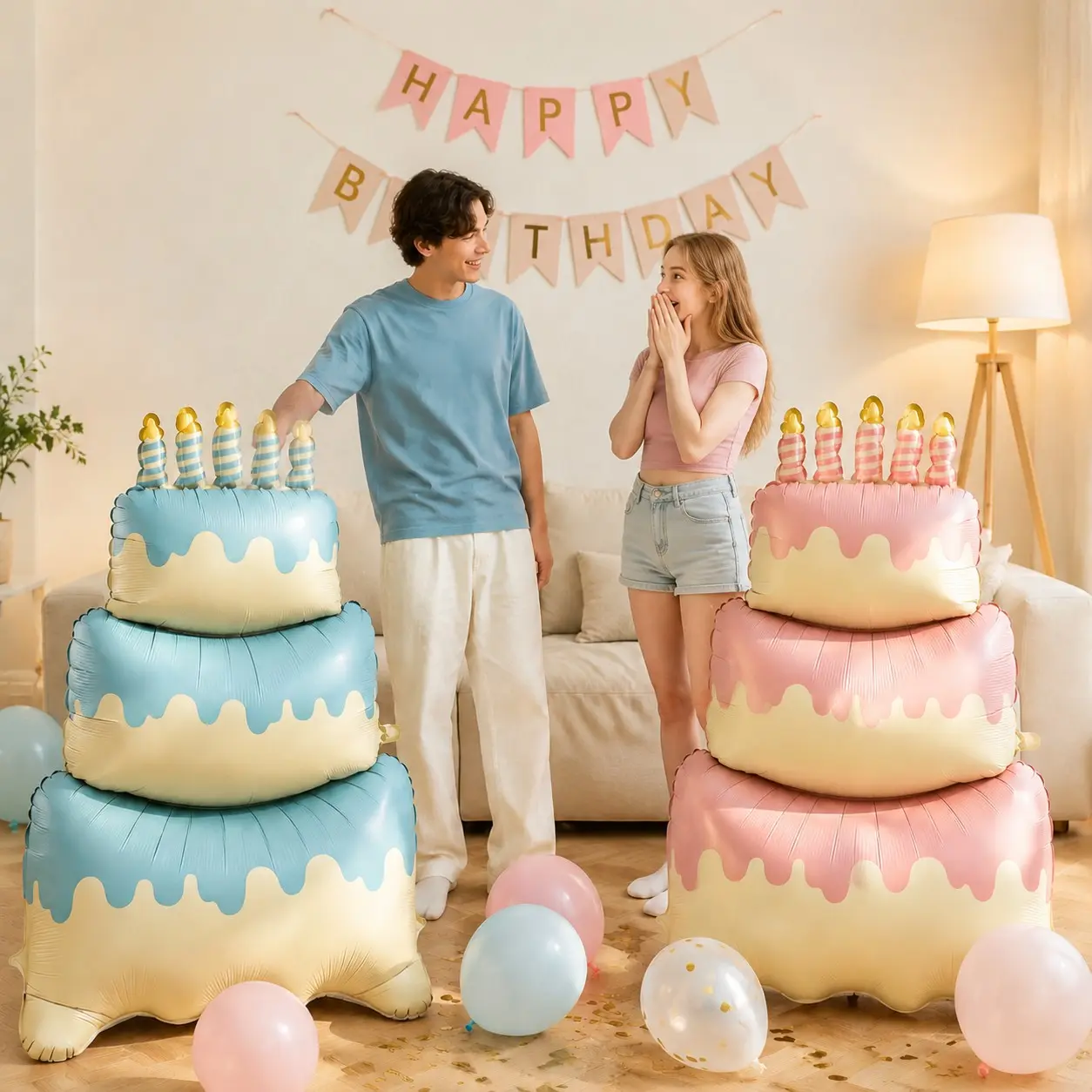 2-Pack 60in Three-Layer Birthday Cake Aluminum Foil Balloons, Large Standing Cake Shape Balloons for Party Decor, Romantic Photo Props