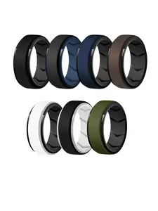 7 Pack Mens Black Rubber Wedding Bands, 8mm Hypoallergenic Breathable Men's Silicone Ring for Him, Multi Color Active Sport Fitness US Size 7-15