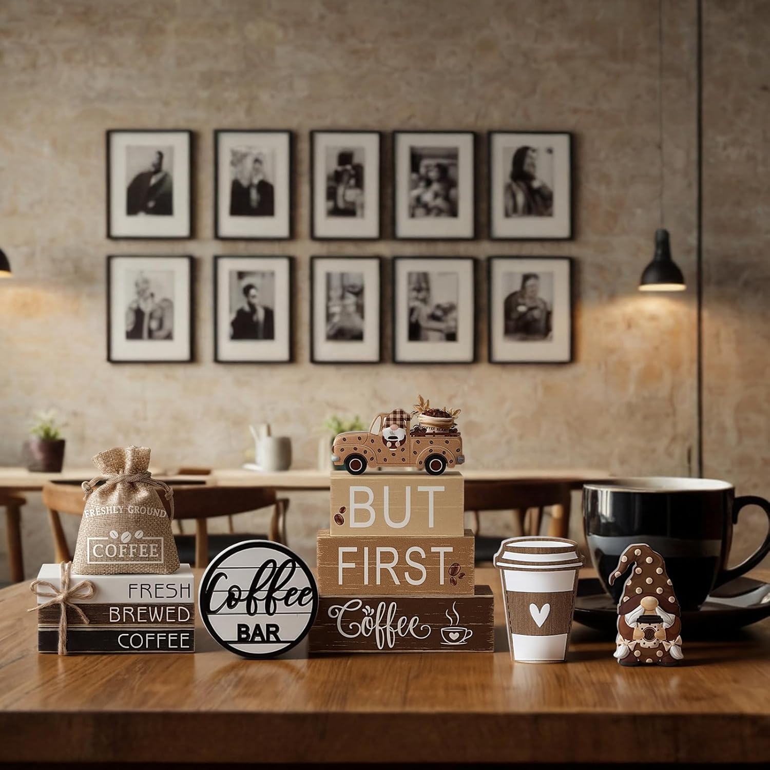 11 Pcs Coffee Bars Table Decorations Coffee Tiered Tray Decor Farmhouse Table Centerpiece Wooden Books Home Tabletop Decor for Home Kitchen