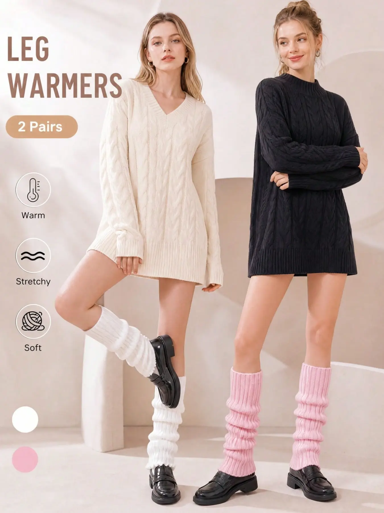 2‑pair Soft Slouch Leg Warmers, Minimal Plain‑color Basic Knit Socks‑Sleeves With Breathable Cold‑proof Design for Women's Outdoor Outfits