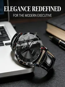 Minimalist Luxury Men's Watch, Dial Accents, Crocodile Pattern Leather Strap, Quartz Movement, Hardlex Glass, All Seasons
