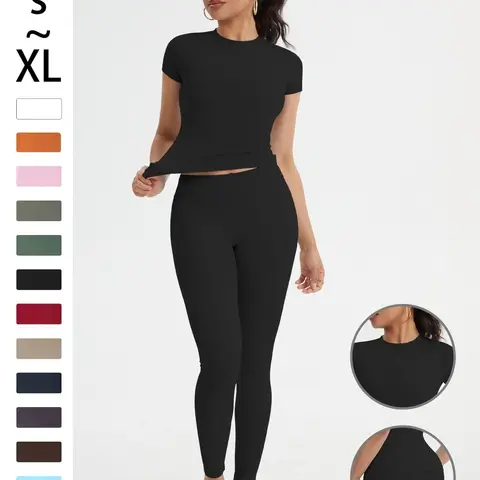 Women's High Waist Leggings & Soft Round Neck Short Sleeve Top Set, Comfortable Daily Wear for Home & Sport, 2-Piece, Athletic Sets