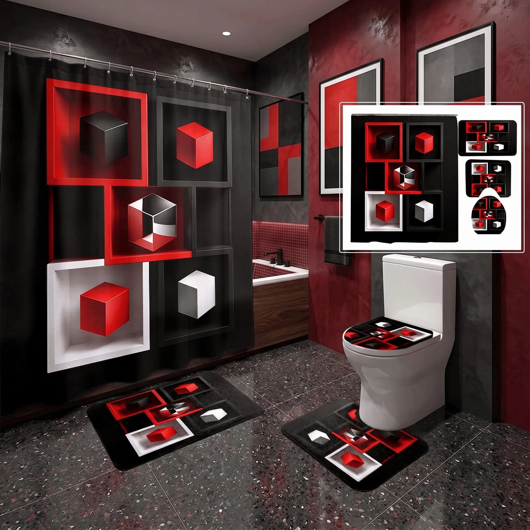 4pcs Abstract Floating Box Design Shower Curtain Set, Crimson & Charcoal The floor mat fabric is thicker and softer!Geometric Pattern, Modern Bathroom Decor, Luxury Aesthetic