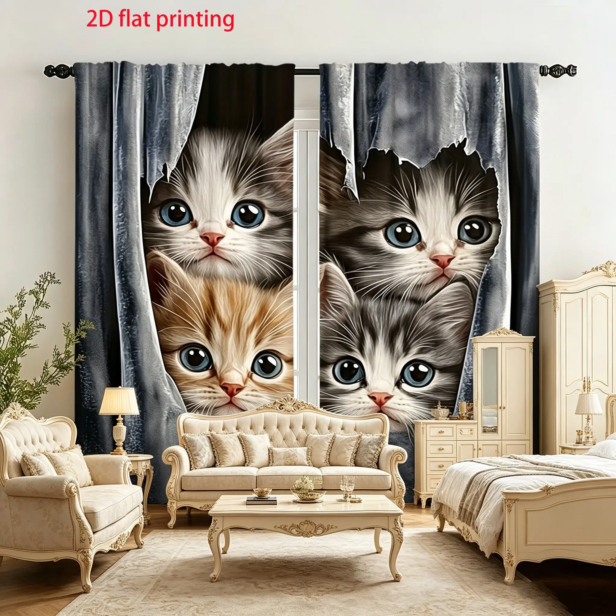 2-piece set of cartoon cute pet cat 2D digital printed curtains, semi blackout bedroom, living room, dining room decoration curtains, polyester fabric