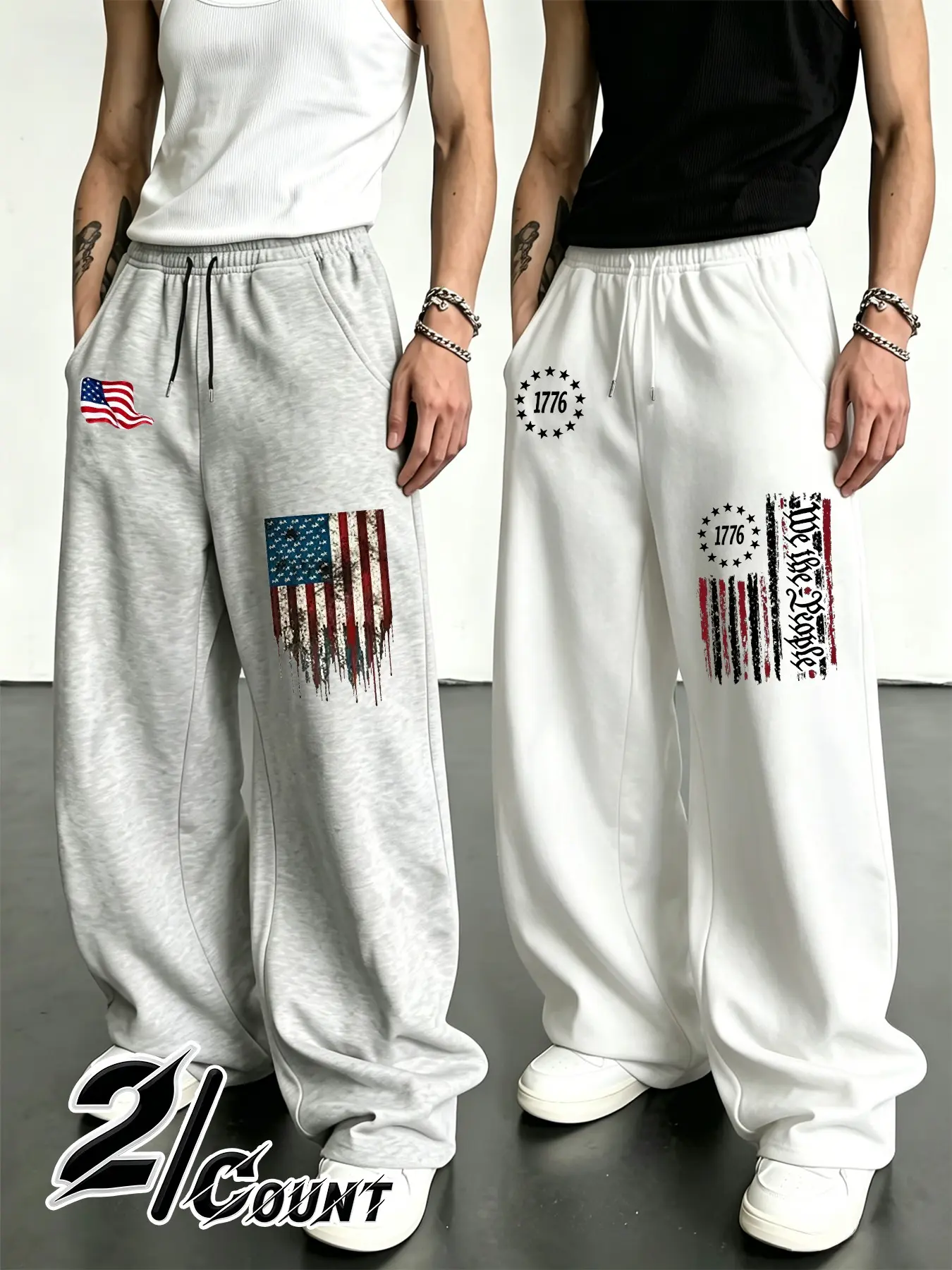 2-Pack Men's Vintage Patriotic Wide Leg Drawstring Pants, 2 Styles Flag Print Street Casual Sports Long Pants