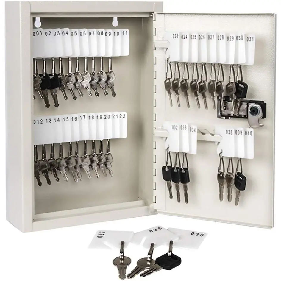 Key Storage Lock Box with Code, Locking Key Cabinet, 40 Key Holder Wall Mount with Combination Lock, Hooks & Tags Labels for Home, Office, Business, 2.5" D x 8.1" W x 12.1" H, White
