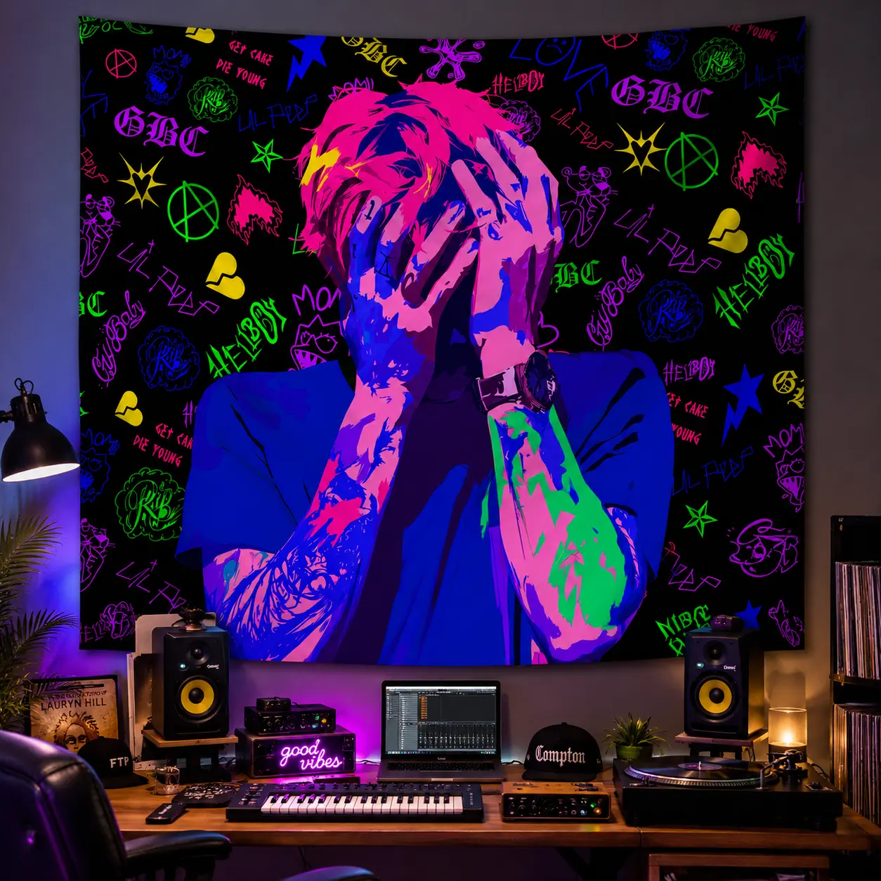 Lil Peep Blacklight UV Rapper Polyester Tapestry, Hip Hop Music Art Wall Decor, Lightweight Indoor-Outdoor Home Wall Hanging Accessory