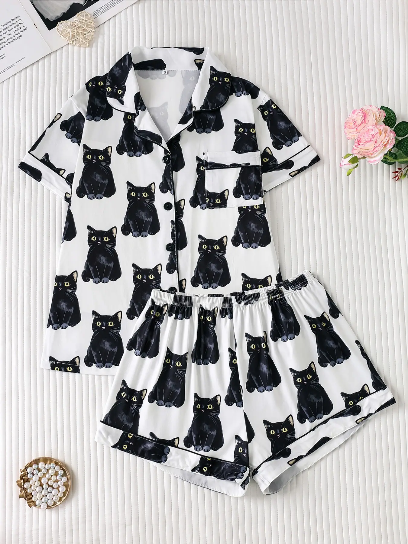 Women's Pajama Set, Base Cat All over Print, Fitted Short Sleeve Top & Loose Shorts, Casual Home Wear, Cozy and Comfortable