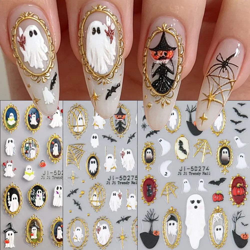 5D Halloween Nail Art Stickers, Nail Decals, Embossed Frame, Gothic Party DIY Decoration, Waterproof Self-Adhesive Thin Design