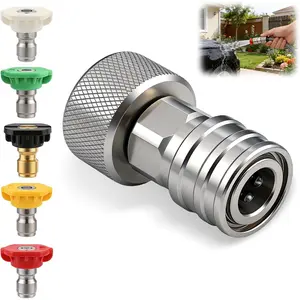 Stainless Steel Metal Garden Hose to Pressure Washer Adapter, 3/4"-to-1/4" Quick Connect Attachment with 5 Nozzles, Anti-Rust Parts & Connectors All-Seasons Tool for Contractors, DIY Enthusiasts