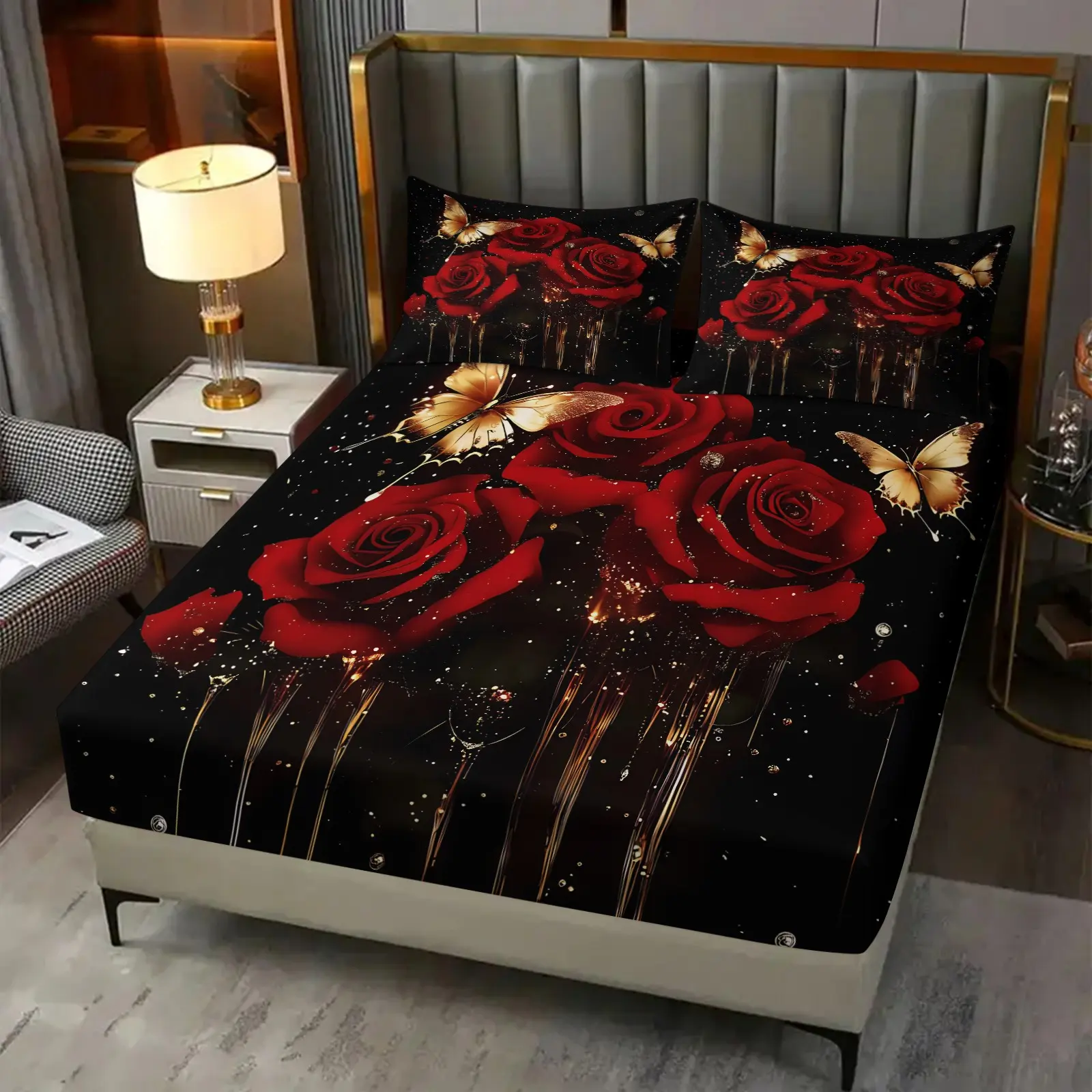 Gilding Glitter Pink Rose Butterfly Fitted Sheet Set, 1 Fitted Sheet + 2 Coreless Pillowcases, Soft Breathable Deep Pocket Anti-Slip Mattress Protector, Luxury Dark Romantic Floral Bedding, Ideal Gift For Ladies & Couples On Birthday, Valentine's Day