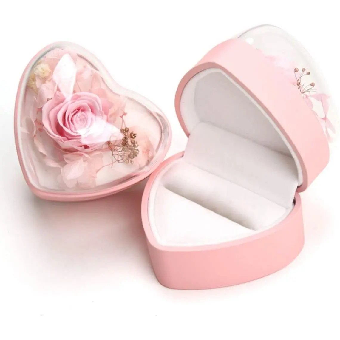 Preserved Flower Rose Ring Box, Heart Shape Velvet Jewelry Box for Valentine's Day Mother's Day Wedding Anniversary Birthday Gift, Pink