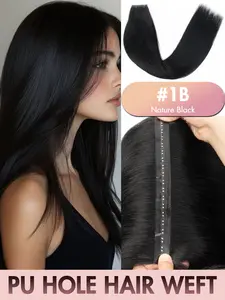 Butterfly Weft Hair Extensions Human Hair Glueless Pu Hole Hand Tied Straight #1B, Extension Hairpiece, Double Inject XO Hole Weft Hair Extensions Invisible Twin Tab Weft Attachment Blending, Compatible With All Hair Types, Salon & Home Use