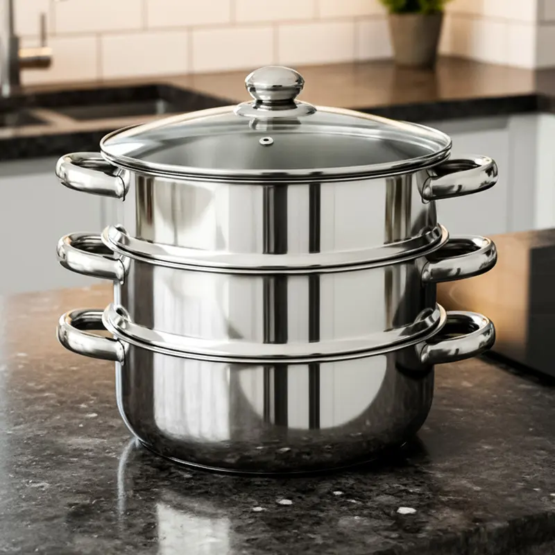 1Pc Stainless Steel Multi Tier Pot Set, 3 Tier Stackable Steamer with Glass Lid and Double Handles, Clear Steamer Pot for Vegetables and Pasta, Steamer Pot for Cooking