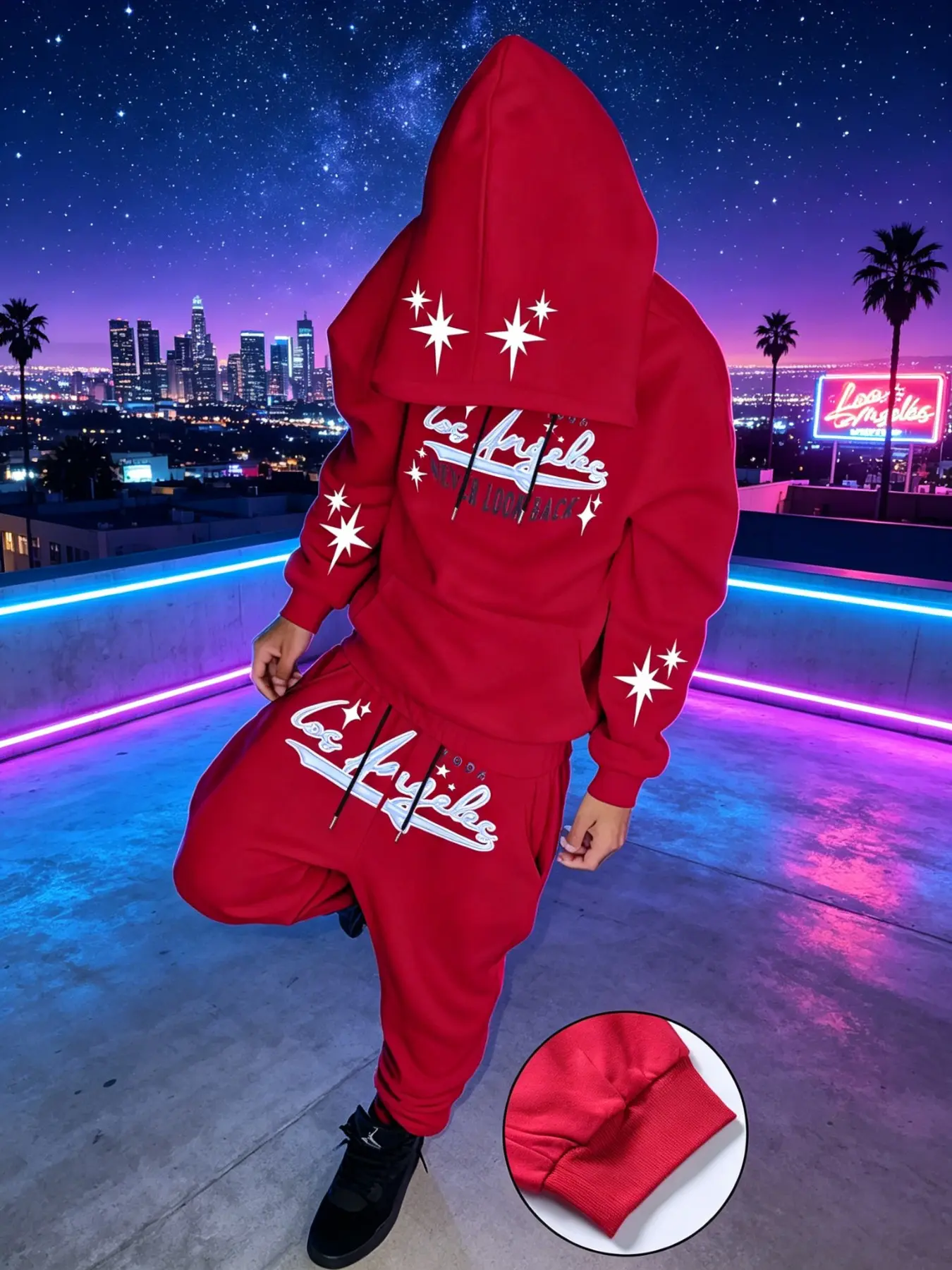 Men's Two-Piece Street Style Sport Set, Los Angeles Letter Star Print Hoodie + Joggers, Loose Y2K Fashion Casual, Stylish Casual Tracksuit