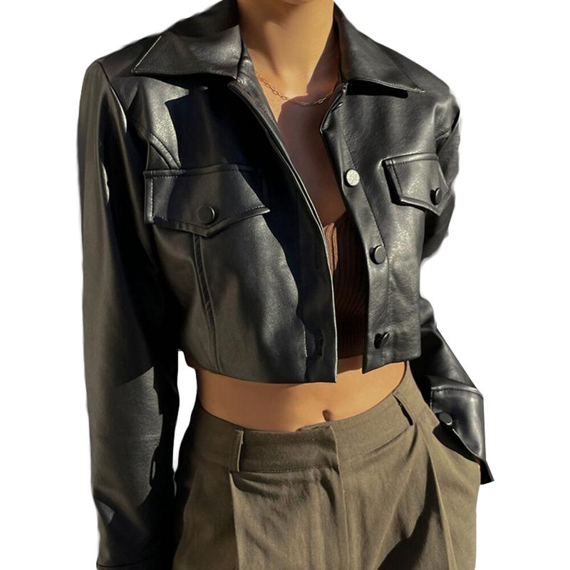 Women Crop Leather Jacket Solid Color Casual Long Sleeve Button Down Jacket Fall Outwear Coats Love Polyester Spring Tops Outerwear Black Fitted