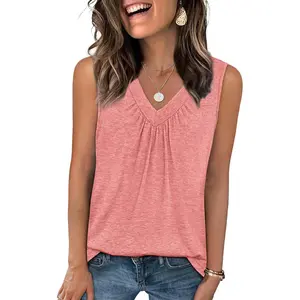 Tank Top for Women Loose Fit Sleeveless Shirts V Neck Summer Clothes Ruched Women's Tees and Tanks Curved Hem