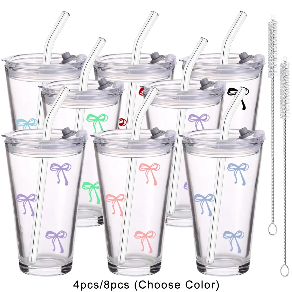 4/8 Pack Bow Pattern Glass Cups with Lids and Straws, 16oz Reusable Iced Coffee Cups, Glass Tumblers, Reusable Drinkware