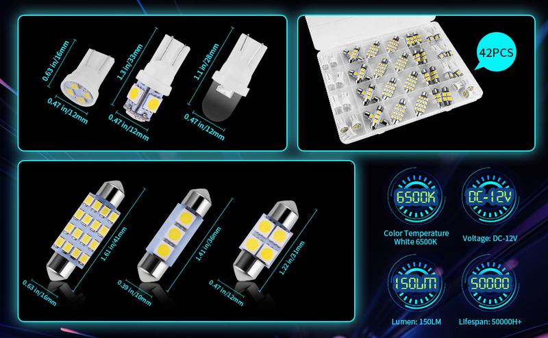 42 Pieces Interior Car Lights, Super Bright White Dome Map Tail Cab Lights Bulb Kit Set , DE3175 T10 31mm 41mm 194 LED Bulb for Your Trucks Width Lamp(White)