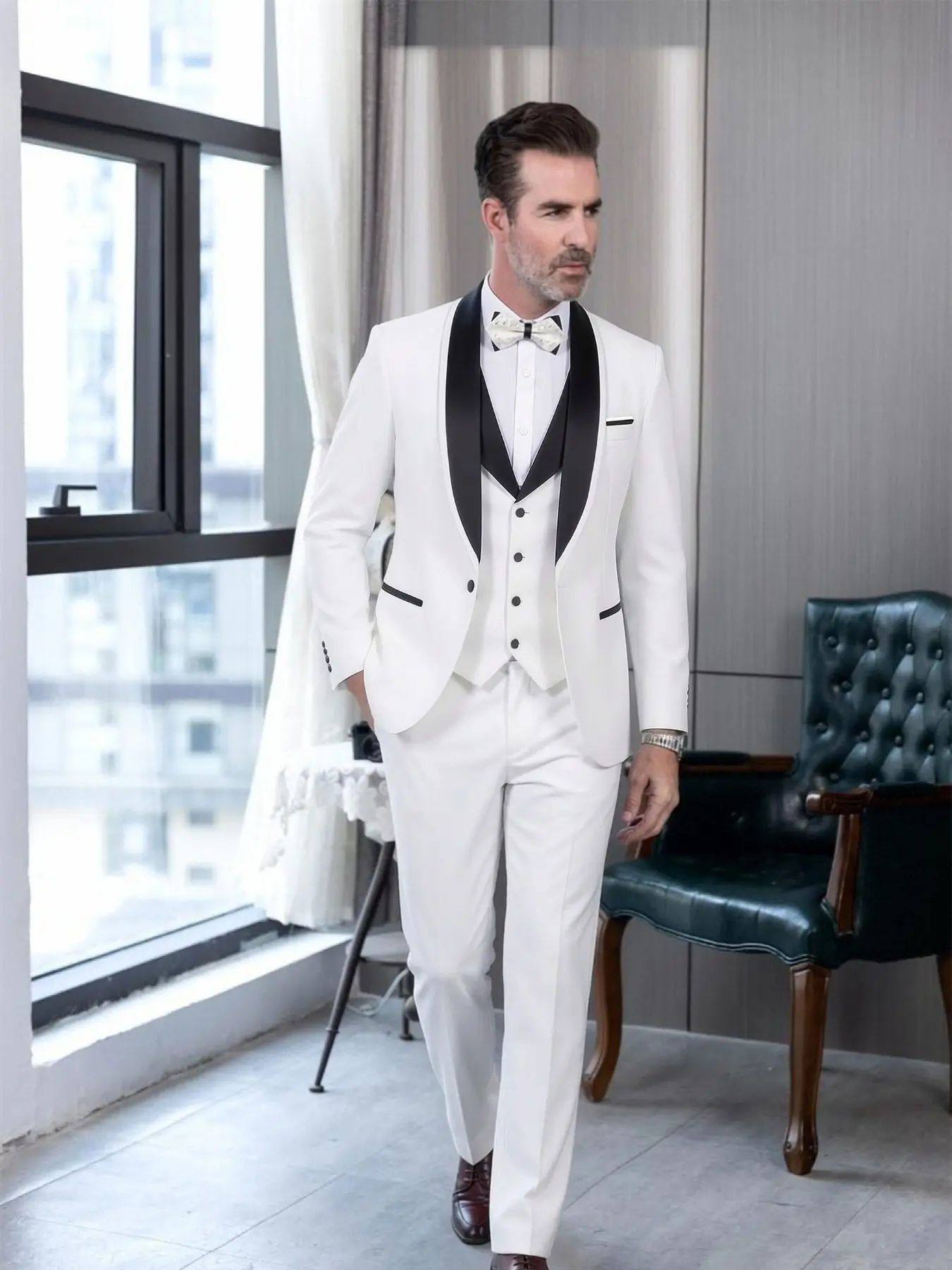 Men's solid color slim-fit three-piece suit set, Classic elegant and fashionable wedding formal wear, buttoned design, groom's wedding suit, best man's wedding dress, high-end luxurious business evening suit, men's formal work attire