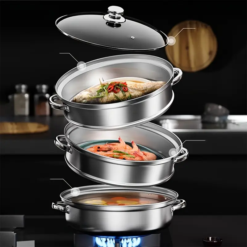 1 Piece 3-Layer Stainless Steel Steamer Thickened Durable Easy Clean Outdoor Cooking Utensil for Kitchen