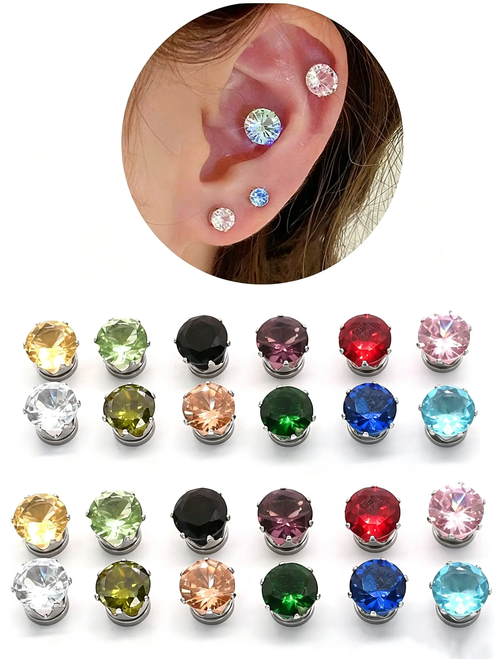 No Piercing Magnetic Zircon Earrings, 6mm & 8mm, Hypoallergenic Unisex Magnet Studs, Strong Magnetic Not Easy To Fall, 2/12 Pairs Pack, Shiny For Daily & Party Wear, Great Gift Option