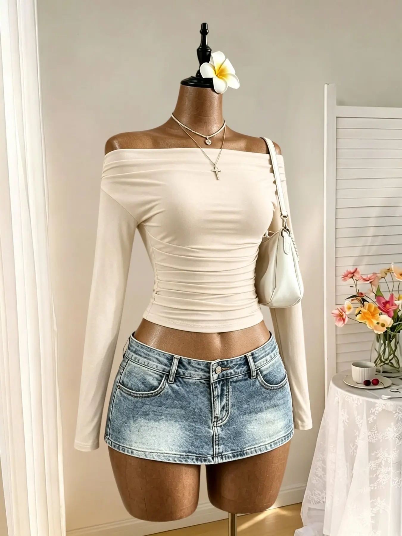 Women's Solid Color Off-Shoulder Top, Fashion Casual Long Sleeve T-Shirt, Ruched Detail, Comfortable Stretch Fabric, All-Day Wear