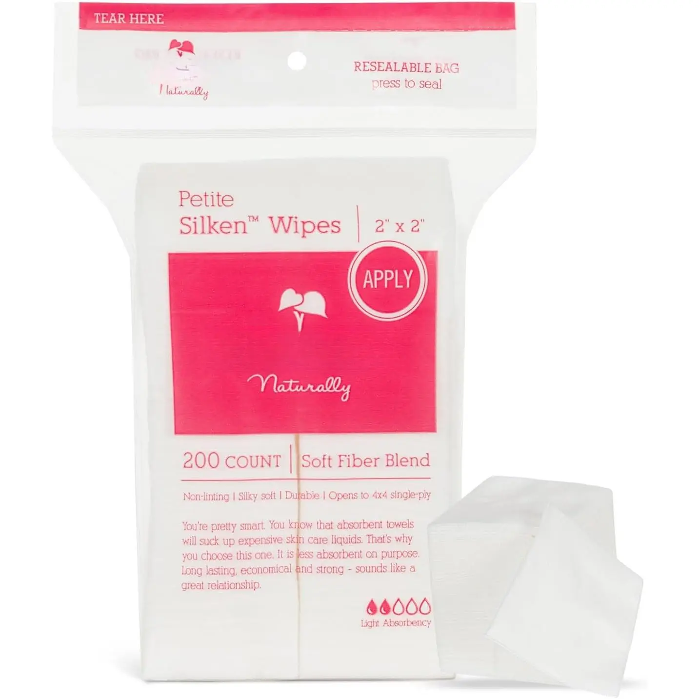 Petite Silken 2x2 Esthetic Wipes (200 Count) | 4-Ply  Lint-Free Facial Wipes &  Pads for  | Low-Absorbency  Pads for Toner & Makeup Removal