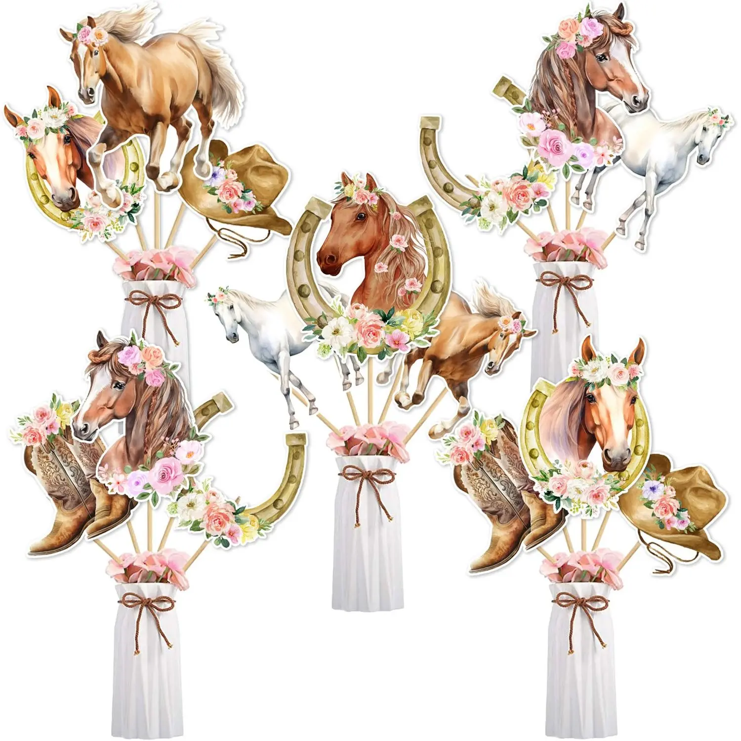 24Pcs Horse Centerpieces Sticks Table Decorations for Girl Horse Themed Birthday Party Supplies Racing Horse Western Cowgirl Pink Floral Centerpieces Table Toppers Home Decor