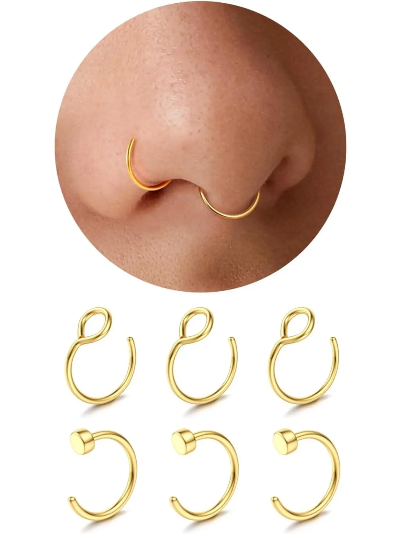 6 Piece Nose Piercing Fake Nose Ring Thin Gold Silver Surgical Steel Septum Hoop Septum Rings Nostril Piercing Set Lip Piercing Helix Cartilage Tragus Daith Piercing Ear Jewellery Body Piercing Jewelry 22G/20G/18G 6-8 mm