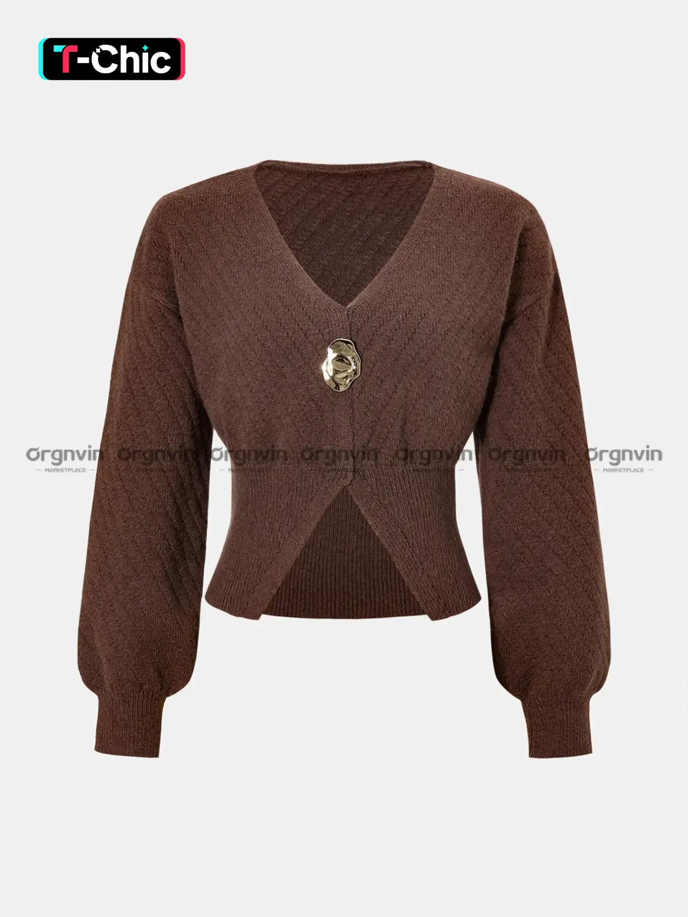 Elegant Women's V-Neck Sleeve Sweater with Metal Buttons, Asymmetrical Design with Slit, Slim-Fitting Short Knitwear Top, Stylish Everyday Casual Wear Fabric