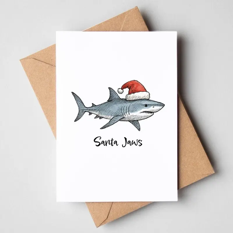 1pc Shark Christmas Card - Santa Jaws - Illustrated Pun Christmas Card