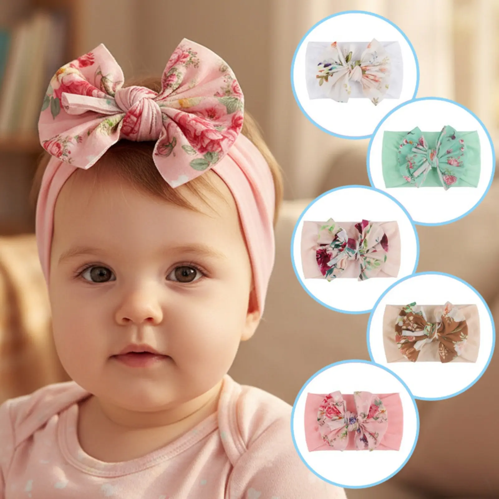 Wide Turban Headbands for Women, 6 Pack Soft Elastic Vintage Floral Print Hair Wraps with Oversize Bow in Soft Pastels, All Seasons, Elastic Wrap, Stretch, Oversized Bow, Elastic Stretch