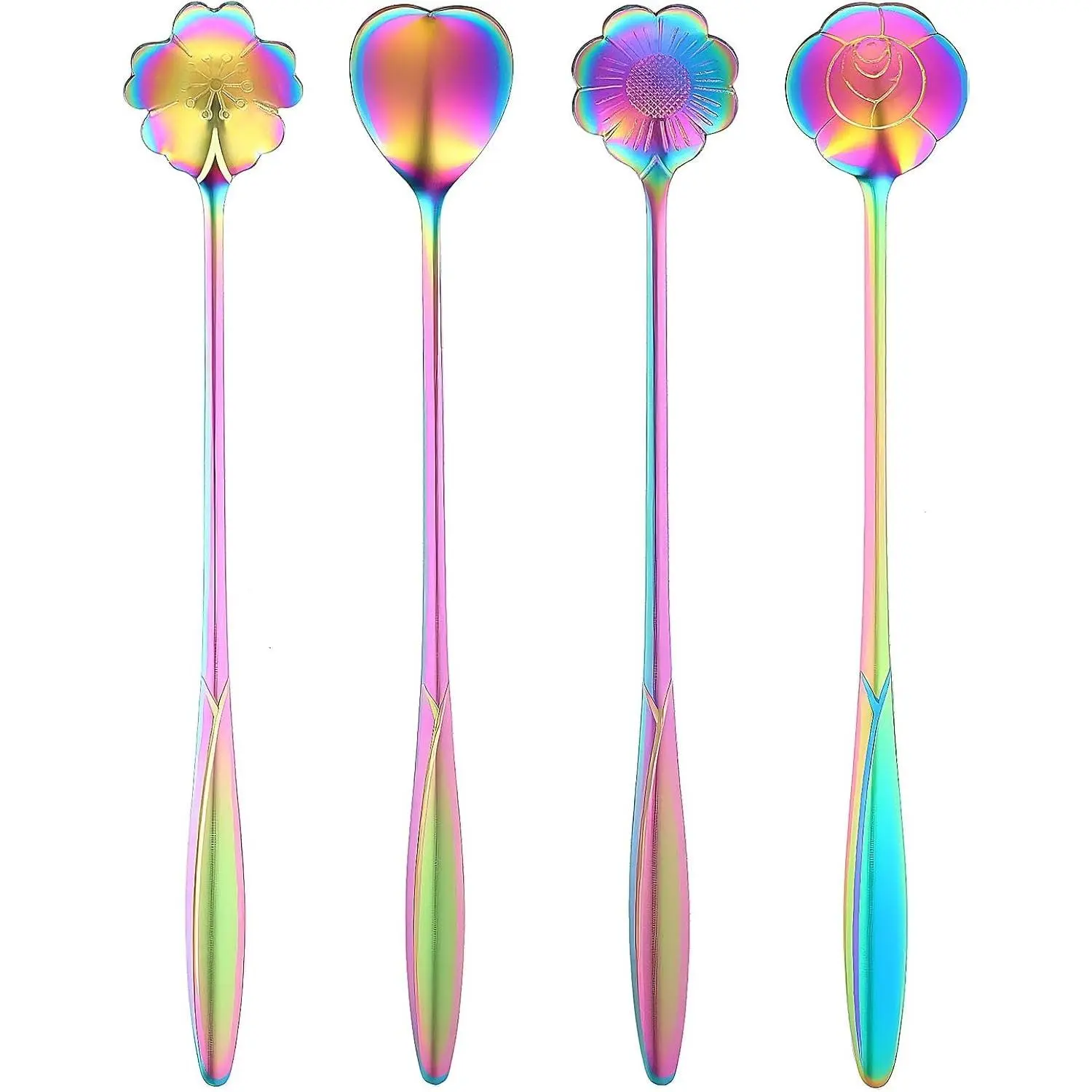 Flower Spoon Set Rainbow Stainless Steel Reusable Long Spoons Cute Spoons for Coffee Mixing Ice Cream Spoon Drink Mixing (4Pcs)