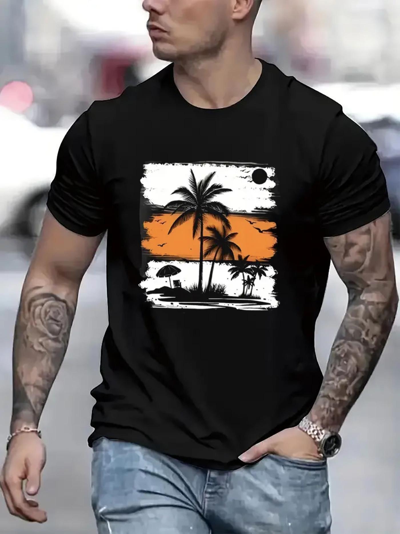 Men's Palm Tree Pattern Printed T-Shirt Casual Short Sleeve 1 Piece - Comfortable Round Neck, Soft Cute Top Streetwear Crewneck Tropical Menswear Shortsleeve hannah montana 20th anniversary merch graphic tee 90s graphic tees