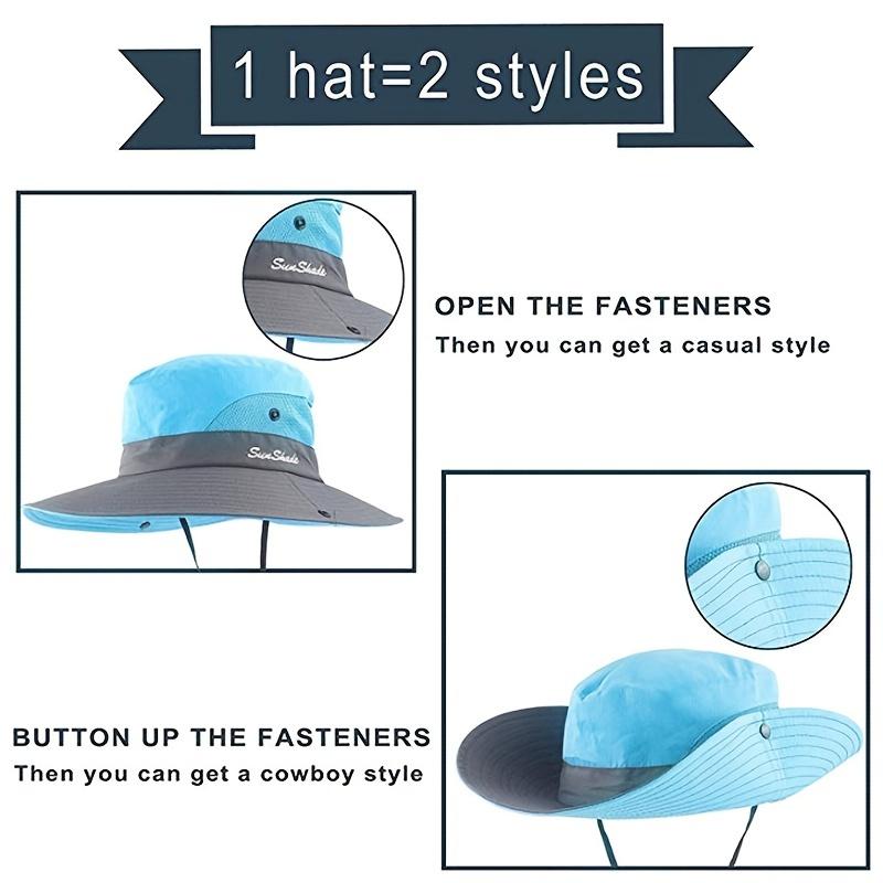 Outdoor ponytail hole breathable mesh fisherman hat, unisex, foldable, cool mesh, lightweight wide-brimmed ponytail bucket hat for outdoor use, hiking, and daily wear