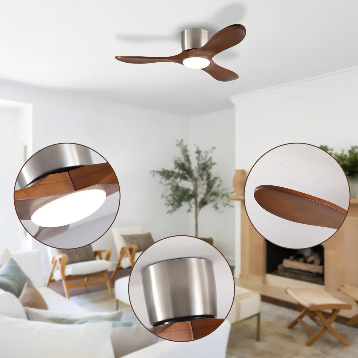 42-inch Ceiling Fan with Light, 3 Light Walnut Wood Blades, Remote Control, Reversible DC Motor for Living Room